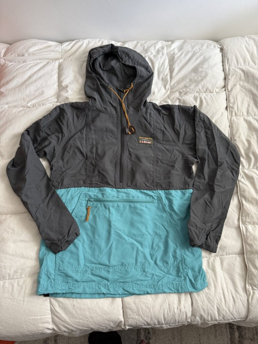 L.L.Bean Mountain Classic Anorak Colorblock Gray Aqua Hooded Windbreaker XS
